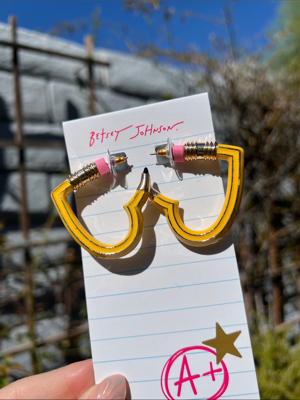 Betsey Johnson Yellow Heart Hoop Pencil Earrings